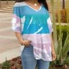 Lily | Blue & Lavender Color Block Ruffle Sleeve V-Neck Tunic - Women
