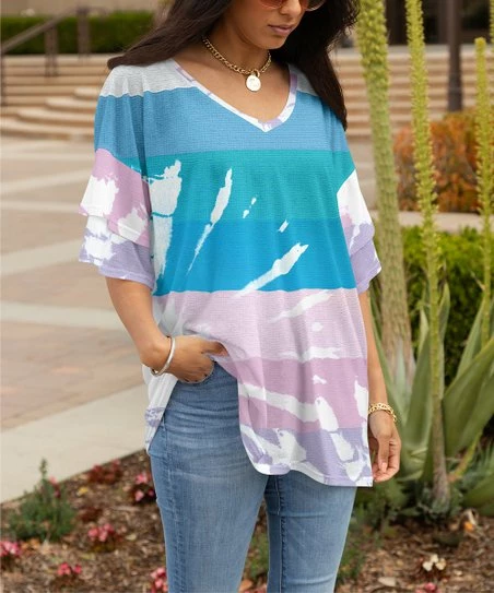 Lily | Blue & Lavender Color Block Ruffle Sleeve V-Neck Tunic - Women 1 Lily | Blue & Lavender Color Block Ruffle Sleeve V-Neck Tunic - Women