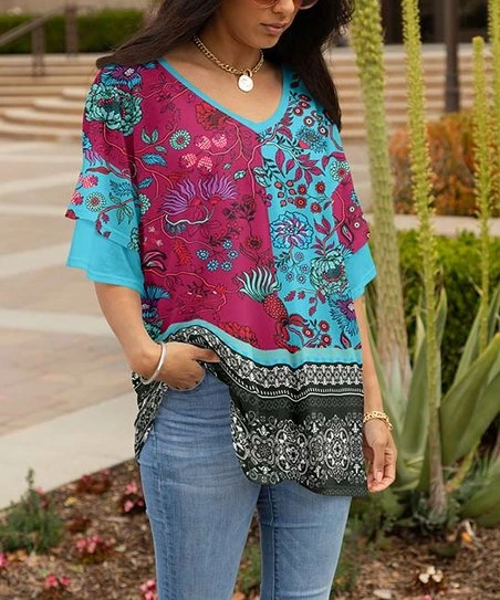 Lily | Aqua & Fuchsia Floral Ruffle-Sleeve V-Neck Tunic - Plus 1 Lily | Aqua & Fuchsia Floral Ruffle-Sleeve V-Neck Tunic - Plus