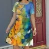 Lily | Blue & Yellow Gradient Foliage Square Neck Dress - Women