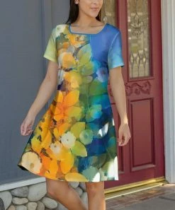 Lily | Blue & Yellow Gradient Foliage Square Neck Dress - Women