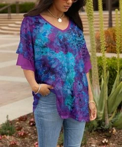 Lily | Blue & Purple Abstract Ruffle-Sleeve V-Neck Tunic - Women & Plus