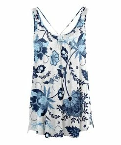 Lily | White & Blue Floral Pleated Sleeveless Tunic - Plus