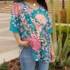 Lily | Turquoise & Pink Floral Ruffle-Sleeve V-Neck Tunic - Women & Plus