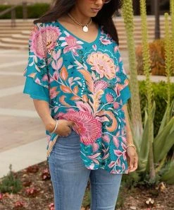 Lily | Turquoise & Pink Floral Ruffle-Sleeve V-Neck Tunic - Women & Plus