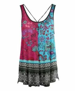 Lily | Turquoise & Pink Floral Crisscross-Back Pleated Sleeveless Tunic - Plus