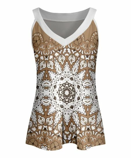 Lily | Beige & White Medallion V-Neck Tank - Women 1 Lily | Beige & White Medallion V-Neck Tank - Women