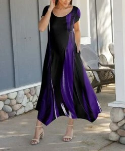 Lily | Black & Purple Abstract Handkerchief-Hem Short-Sleeve Maxi Dress - Women