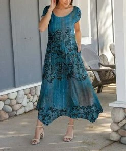 Lily | Black & Teal Floral Handkerchief-Hem Short-Sleeve Maxi Dress - Plus