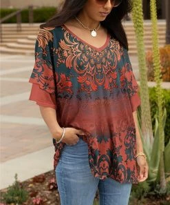 Lily | Rust & Blue Floral Ruffle-Sleeve V-Neck Tunic - Women & Plus
