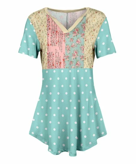 Lily | Mint & Yellow Polka Dot Patchwork V-Neck Tunic - Women 1 Lily | Mint & Yellow Polka Dot Patchwork V-Neck Tunic - Women