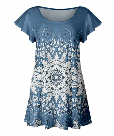 Lily | Blue & White Mandala Scoop Neck Flutter-Sleeve Tunic - Women 1 Lily | Blue & White Mandala Scoop Neck Flutter-Sleeve Tunic - Women