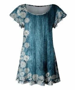 Lily | Teal & Cream Weathered Floral Scoop Neck Flutter-Sleeve Tunic - Women