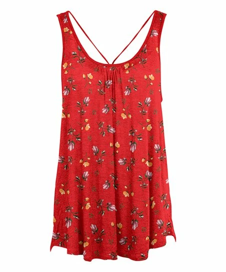 Lily | Red & Yellow Floral Crisscross-Back Pleated Sleeveless Tunic - Women 1 Lily | Red & Yellow Floral Crisscross-Back Pleated Sleeveless Tunic - Women