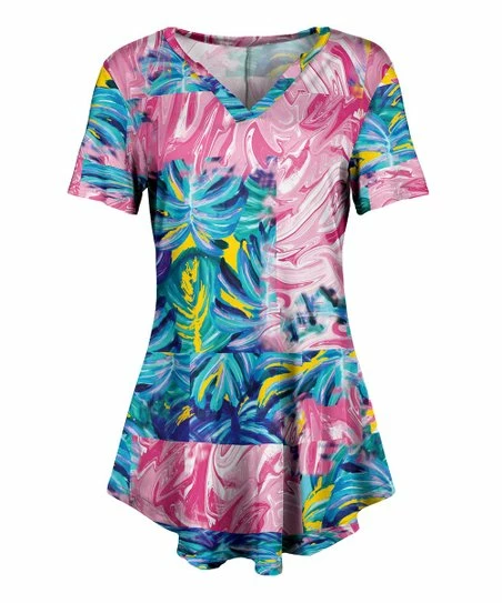Lily | Pink & Blue Leaf Swirl V-Neck Tunic - Plus 1 Lily | Pink & Blue Leaf Swirl V-Neck Tunic - Plus