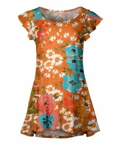Lily | Orange & Blue Floral Flutter-Sleeve Tunic - Women
