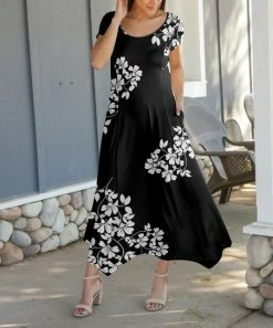 Lily | Black & White Floral Pocket Scoop Neck Handkerchief Dress - Women