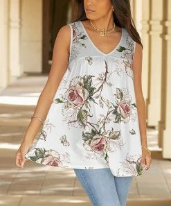 Lily | White & Rose Floral Sleeveless Tunic - Plus