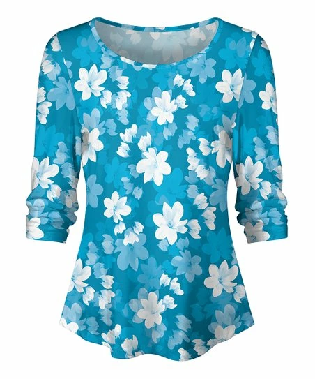 Lily | Blue & White Floral Three-Quarter Sleeve Scoop Neck Tunic - Women 1 Lily | Blue & White Floral Three-Quarter Sleeve Scoop Neck Tunic - Women