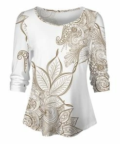 Lily | White & Beige Floral Three-Quarter Sleeve Scoop Neck Tunic - Plus