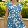 Lily | Blue & White Floral Butterfly-Sleeve Scoop Neck Tunic - Plus