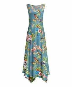 Lily | Blue & Green Floral Birds Handkerchief-Hem Maxi Dress - Women