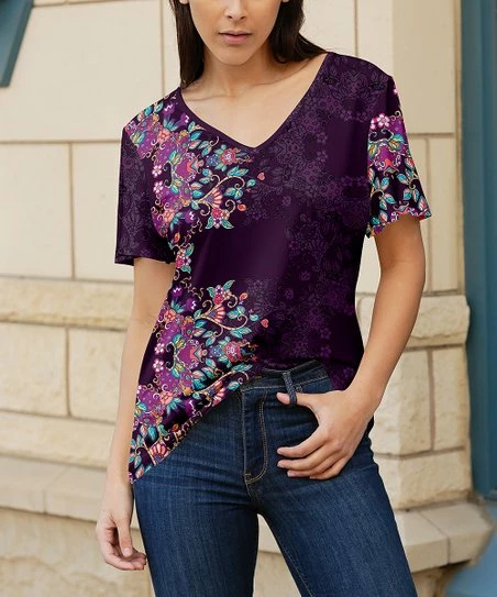Lily | Purple & Blue Floral Short-Sleeve V-Neck Tunic - Plus 1 Lily | Purple & Blue Floral Short-Sleeve V-Neck Tunic - Plus