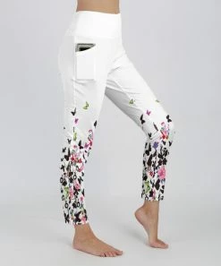 Lily | White & Black Butterfly Floral Pocket Leggings - Women