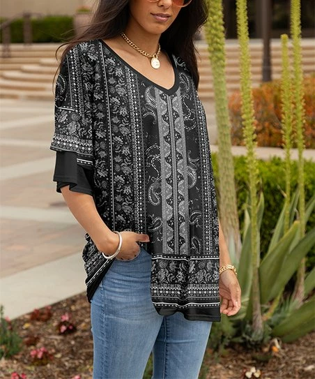 Lily | Black & Gray Stripe Ruffle-Sleeve V-Neck Tunic - Plus 1 Lily | Black & Gray Stripe Ruffle-Sleeve V-Neck Tunic - Plus