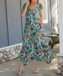 Lily | Aqua & Red Floral Handkerchief-Hem Maxi Dress - Women