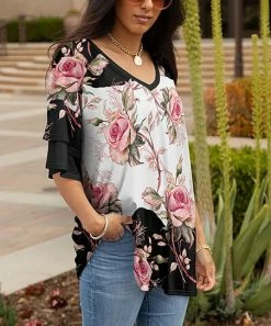 Lily | Black & Pink Floral Ruffle-Sleeve V-Neck Tunic - Plus