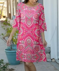 Lily | Pink & Turquoise Arabesque A-Line Midi Dress - Plus