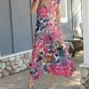 Lily | Pink & Teal Tie-Dye Leaves Pocket Handkerchief Maxi Dress - Women