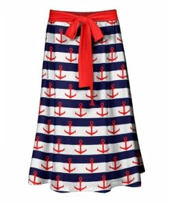 Lily | Navy & Red Stripe Anchor Tie-Waist A-Line Skirt - Plus