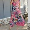 Lily | Pink & Teal Leaves Handkerchief Maxi Dress - Women