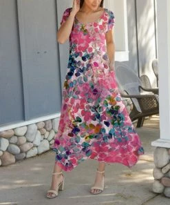 Lily | Pink & Teal Leaves Handkerchief Maxi Dress - Women