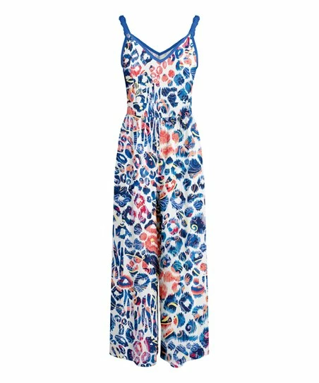 Lily | Blue & Coral Leopard Sleeveless Jumpsuit - Women 1 Lily | Blue & Coral Leopard Sleeveless Jumpsuit - Women