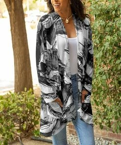 Lily | Gray & White Abstract Pocket Open Cardigan - Women