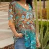 Lily | Brown & Teal Floral Ruffle Sleeve V-Neck Tunic - Plus