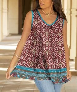 Lily | Red & Blue Floral Sleeveless V-Neck Tunic - Plus
