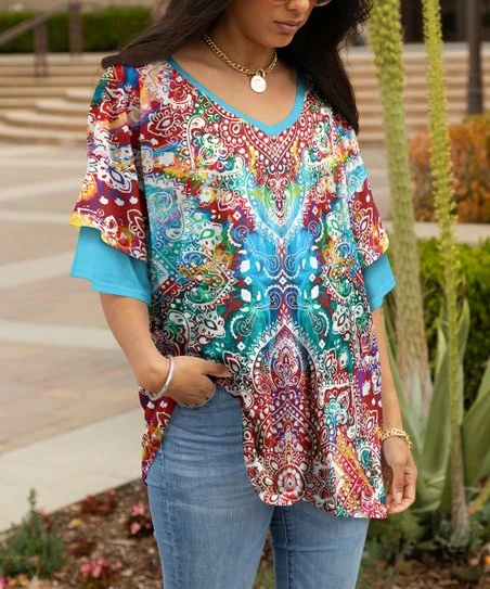 Lily | Red & Blue Arabesque Ruffle-Sleeve V-Neck Tunic - Plus 1 Lily | Red & Blue Arabesque Ruffle-Sleeve V-Neck Tunic - Plus