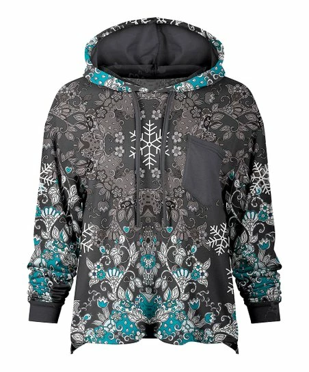 Lily | Gray & Blue Damask Chest-Pocket Hoodie - Women 1 Lily | Gray & Blue Damask Chest-Pocket Hoodie - Women