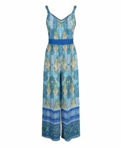 Lily | Blue & Olive Paisley Fitted-Waist Sleeveless V-Neck Jumpsuit - Women