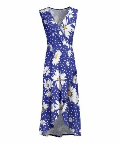 Lily | Blue & White Daisy Sleeveless Surplice Dress - Women