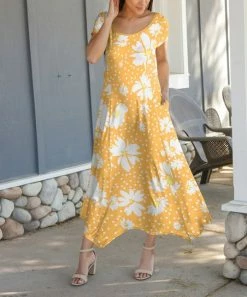 Lily | Gold & White Floral Handkerchief Maxi Dress - Plus