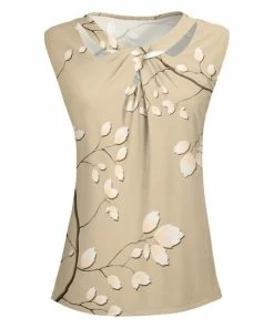 Lily | Beige & Brown Leaf Twist-Neck Sleeveless Tunic - Women
