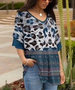 Lily | Navy & Black Leopard V-Neck Ruffle-Sleeve Tunic - Plus