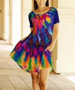 Lily | Navy & Magenta Abstract Tie-Dye Pocket Swing Dress - Women