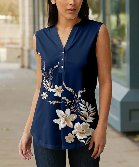 Lily | Navy & Pink Floral Button-Front Notch Neck Top - Women & Plus 1 Lily | Navy & Pink Floral Button-Front Notch Neck Top - Women & Plus