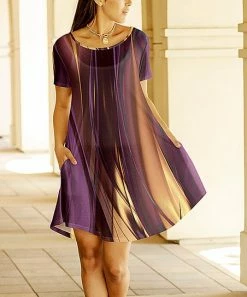 Lily | Purple & Yellow Abstract Curved-Hem Pocket A-Line Dress - Women